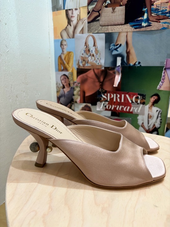Dior Shoes - Dior Satin Open-Toe Mules in Blush Pink with Sculpted Heel